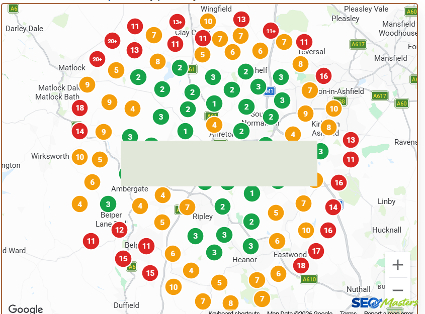 Local ranking grid across Derbyshire after optimisation, with positions 1 to 3 in green around Alfreton, Ripley and Heanor and lower positions towards the edges of the map