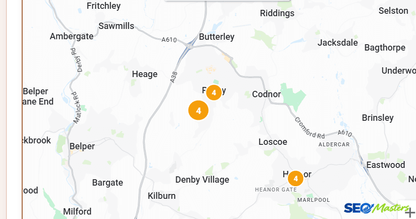 Local ranking map of the Ripley and Heanor area of Derbyshire before optimisation, showing only three tracked points, all ranking in position 4